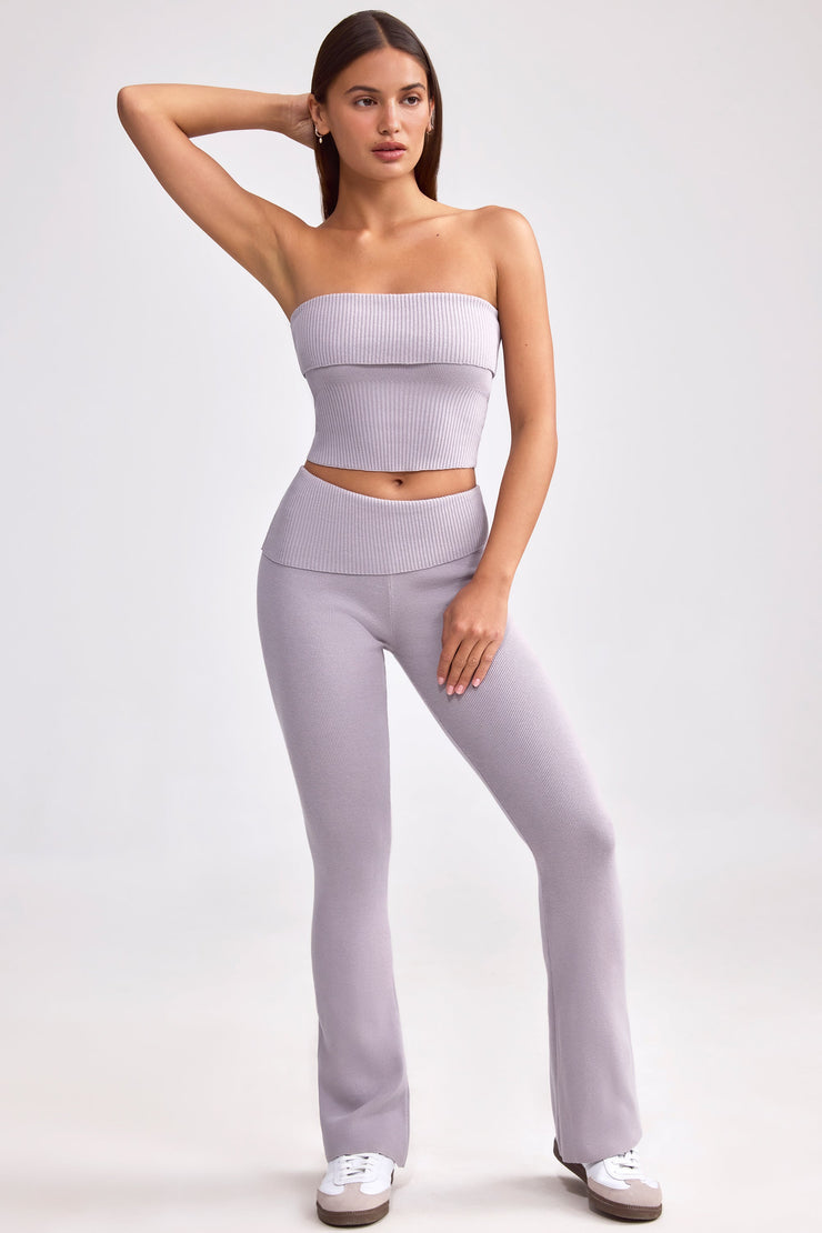 Fold Over Kick Flare Chunky Knit Trousers in Dusty Lavender