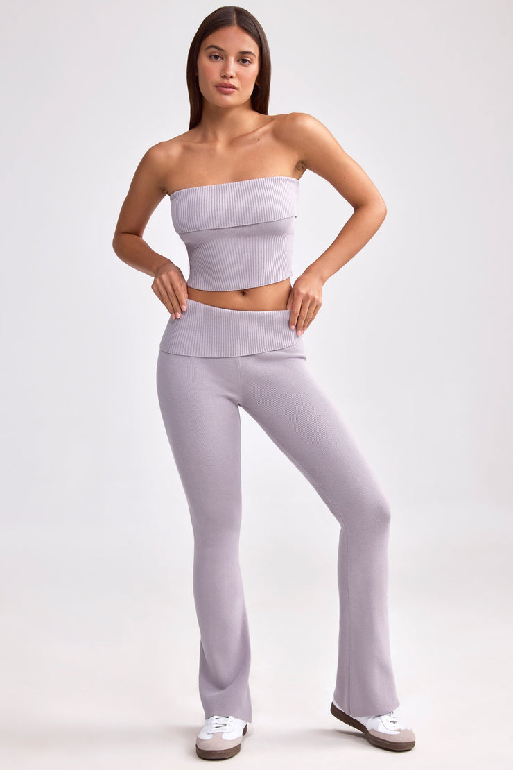 Fold Over Kick Flare Chunky Knit Trousers in Dusty Lavender